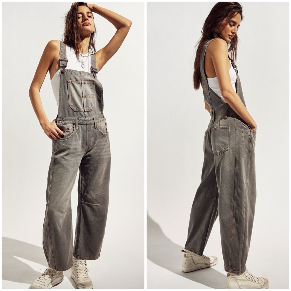 We The Free Washed Gray Wide-Leg Denim Overalls